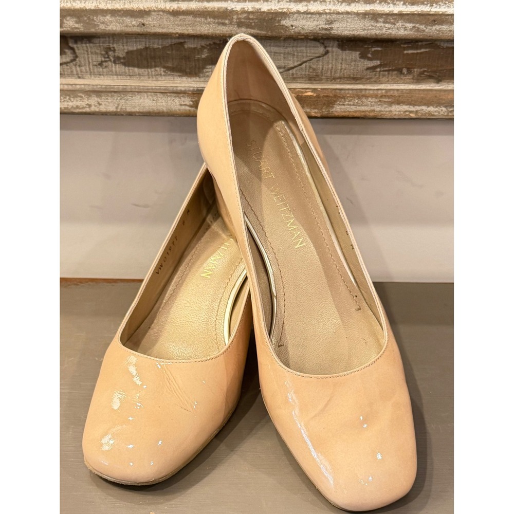 Stuart Weitzman Nude Patent Leather Block Heel Square Toe Pumps Size 8M
